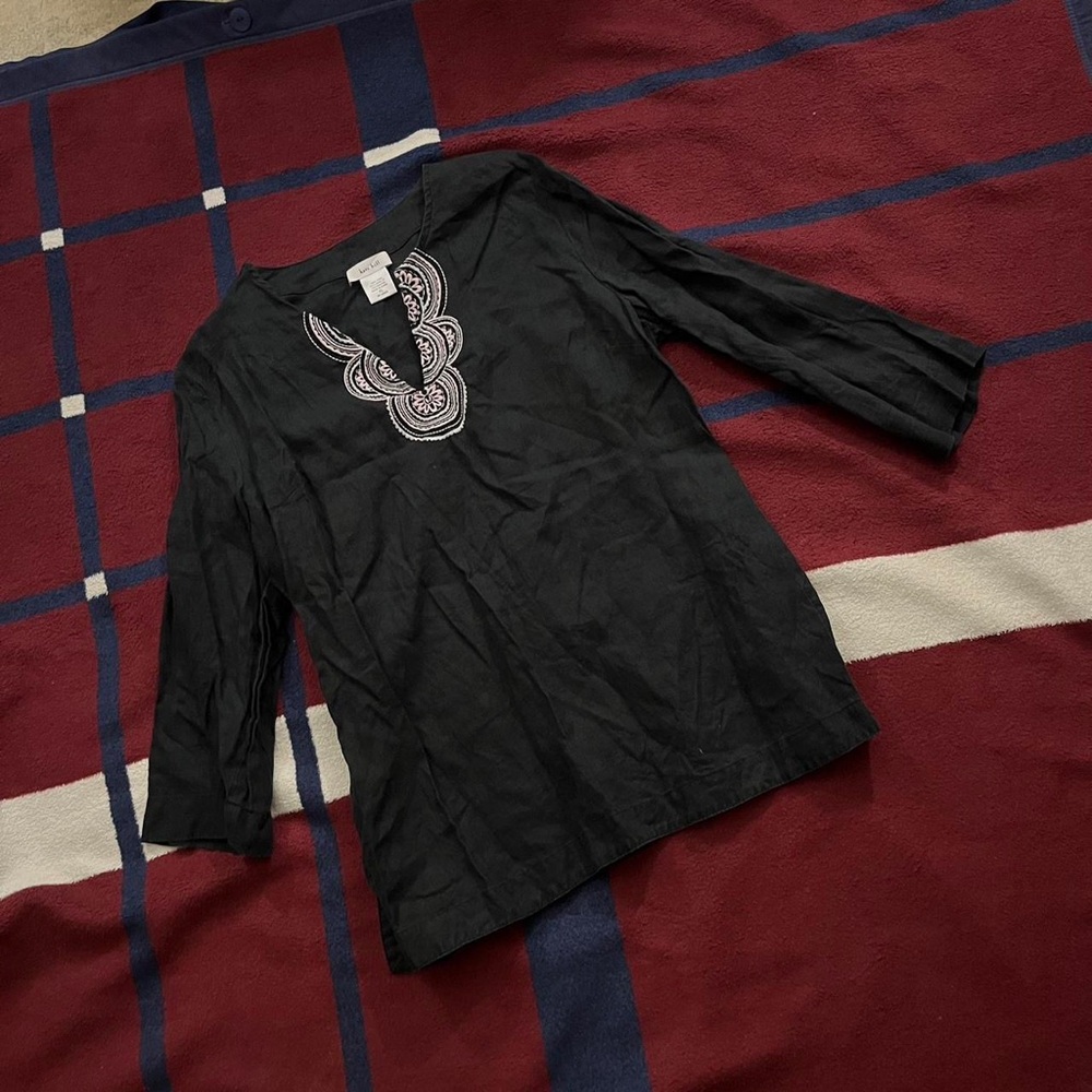 Kate Hill off black linen embroidered tunic top split v-neckline Women’s XL boho
